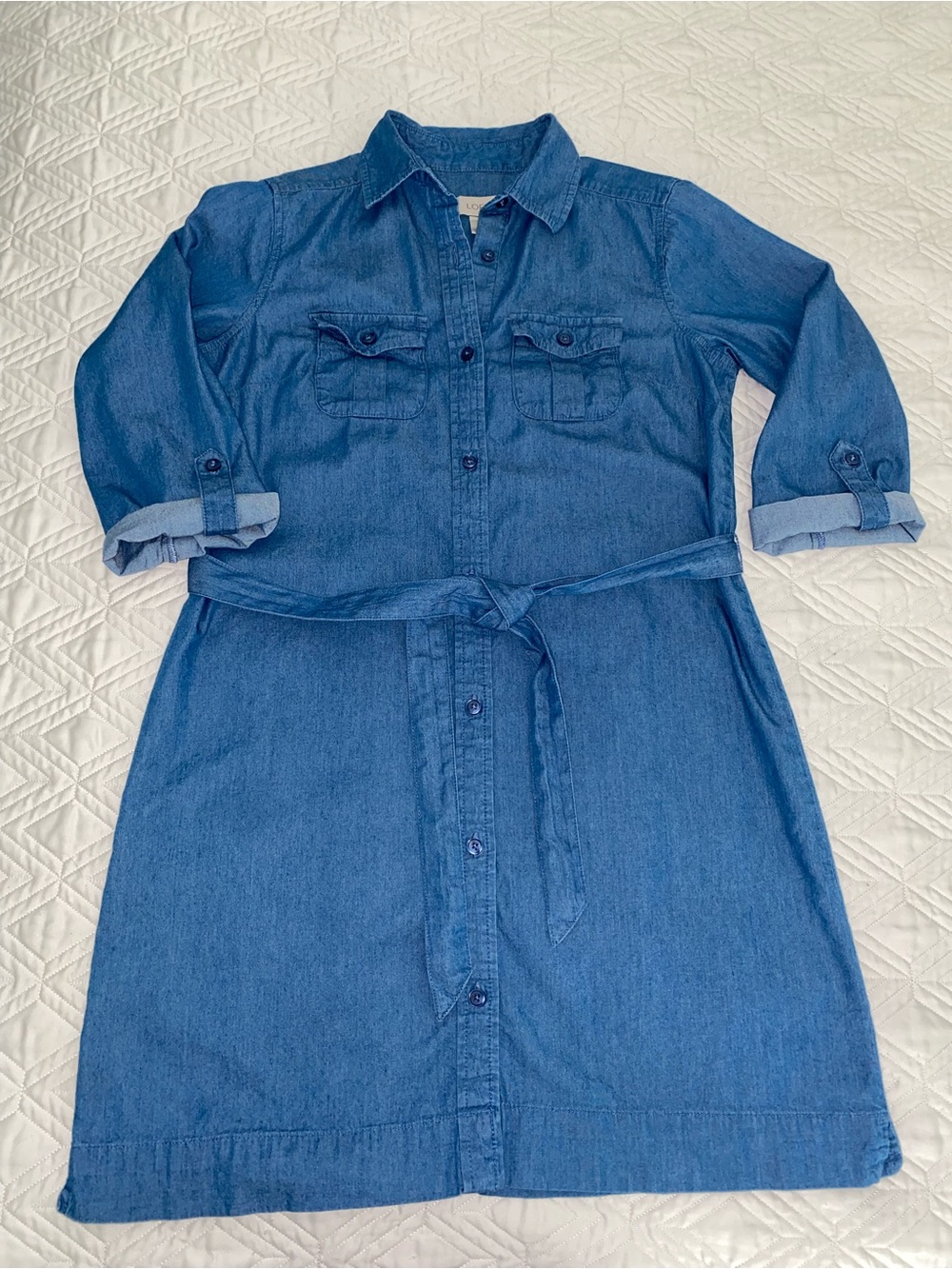 LOFT Blue Chambray Denim Shirt Dress with Waist Tie petite XS